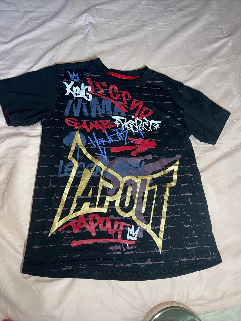 Tapout Black Tee with Gold Logo and Red & Blue Graffiti